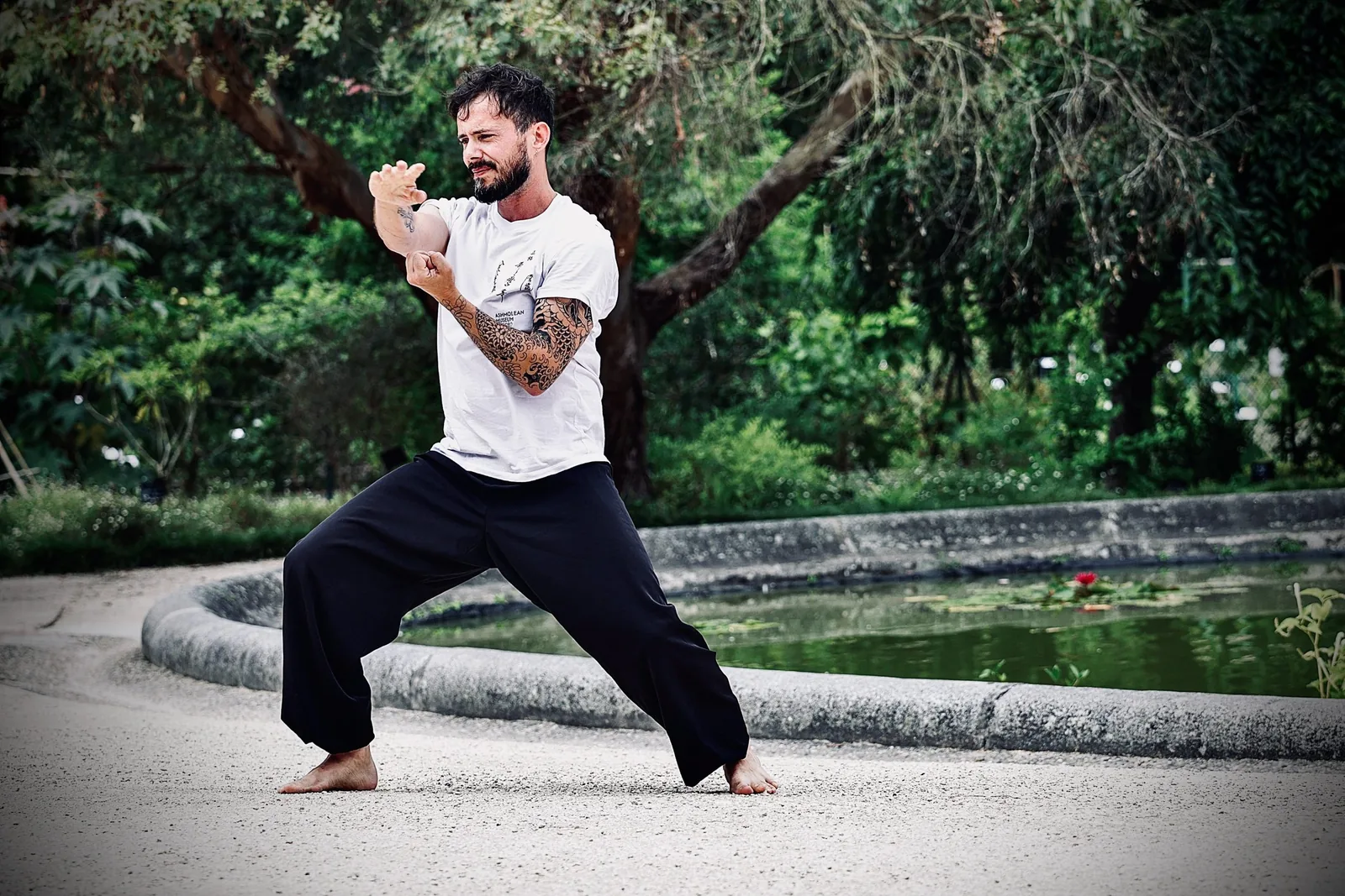 Baptiste Honorez en posture de Qi Gong, pieds nus au bord d'un bassin, dans un parc