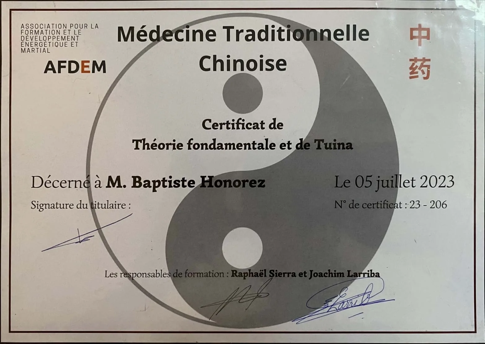 Certificat AFDEM de théorie fondamentale et de Tui Na décerné à Baptiste Honorez