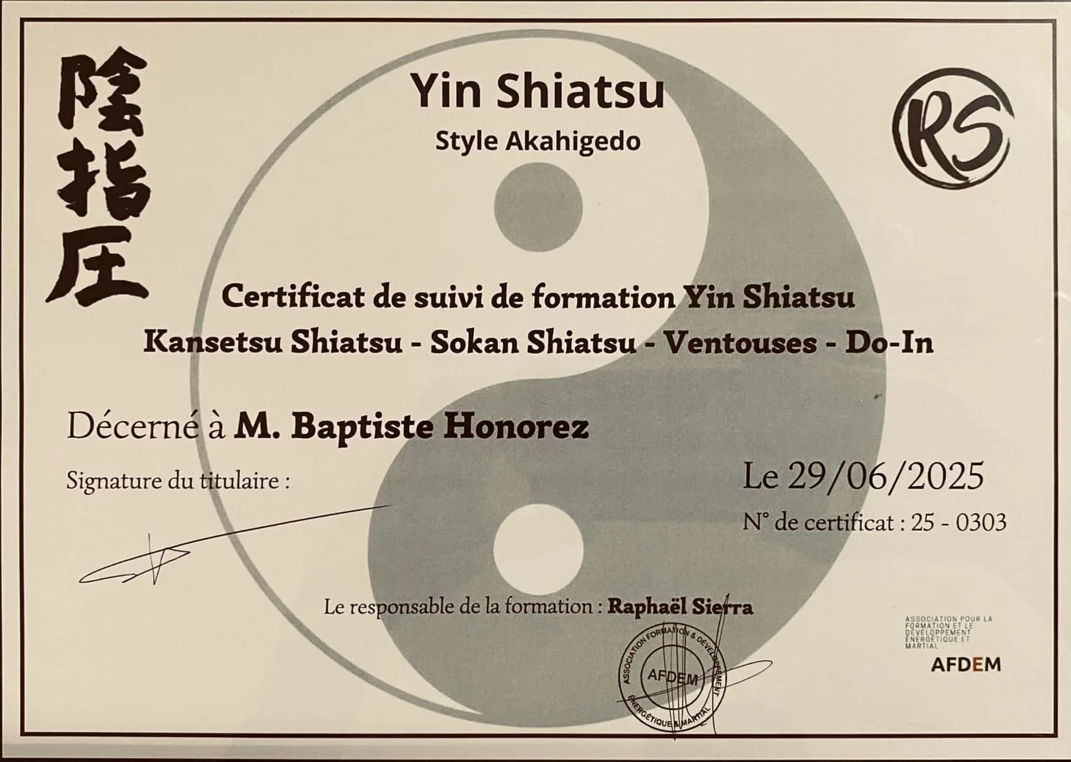 Certificat de suivi de formation Yin Shiatsu, style Akahigedo, décerné à Baptiste Honorez
