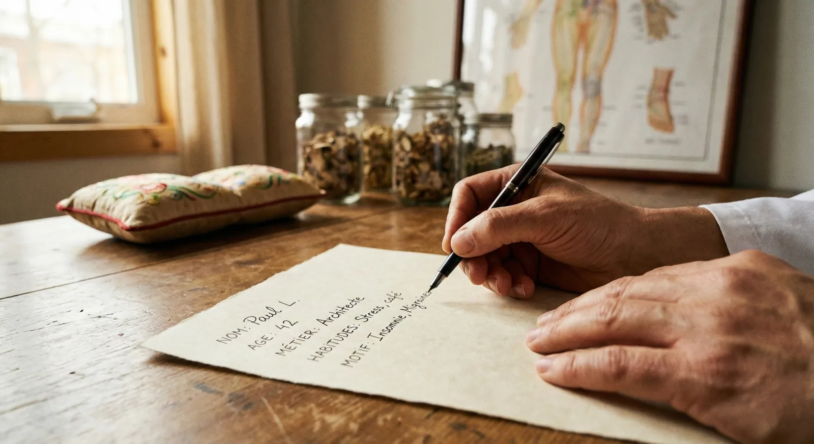 Un praticien note au stylo le motif de consultation sur une feuille de papier, devant des bocaux de plantes séchées et une planche des méridiens