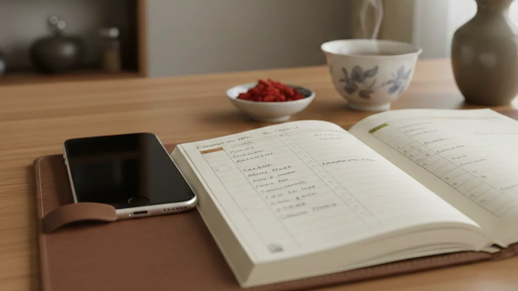 Un agenda ouvert et un téléphone posés sur une table de bois, à côté d'une tasse de thé et d'une coupelle de baies rouges