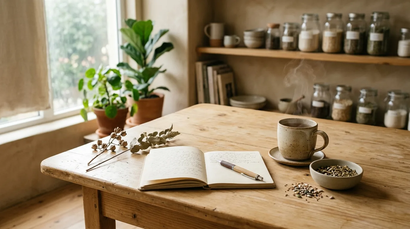 Un carnet manuscrit ouvert sur une table en bois, avec un stylo, une tasse de tisane fumante et des plantes séchées, devant des bocaux d'herbes